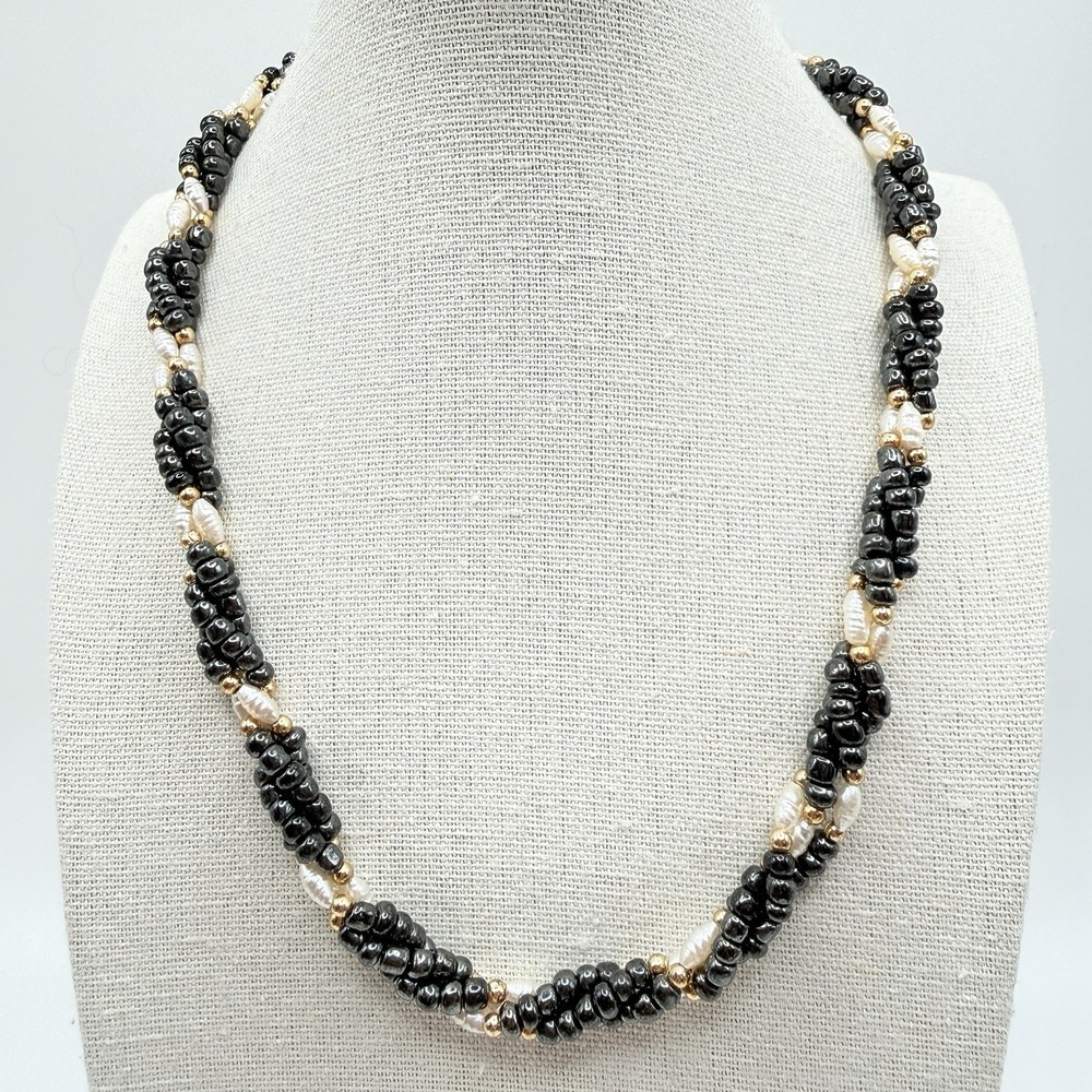 Vintage White Rice Pearl & Black Gray Beaded Necklace Twist Multi Strand‎ 16"